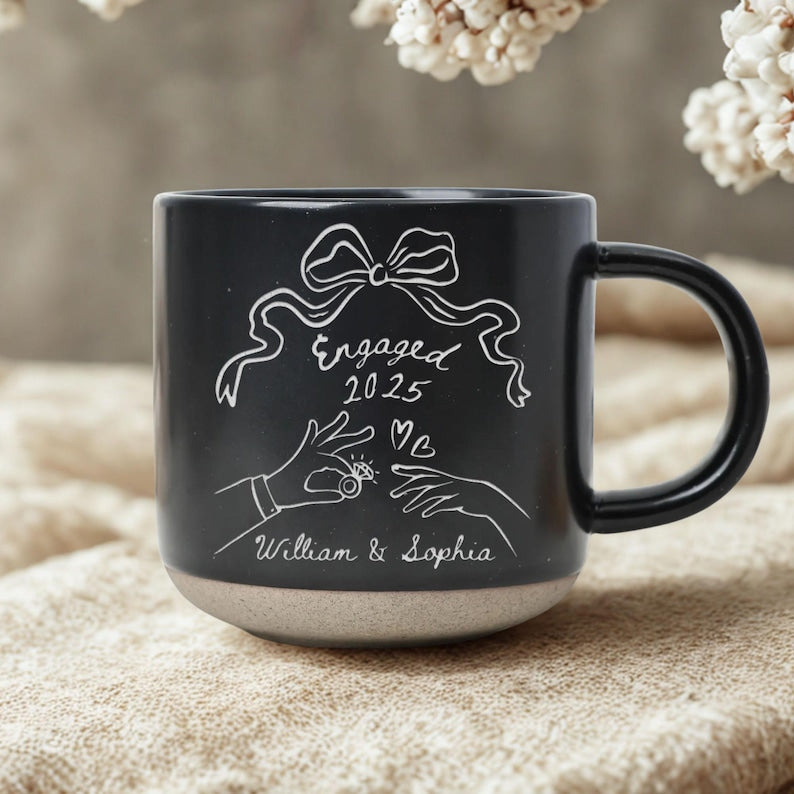 Personalised Engraved Engagement Pottery Mug, Engaged Ceramic Mug, Wedding Gift for Couple,Engagement Gift For Her,Anniversary Gift for Wife