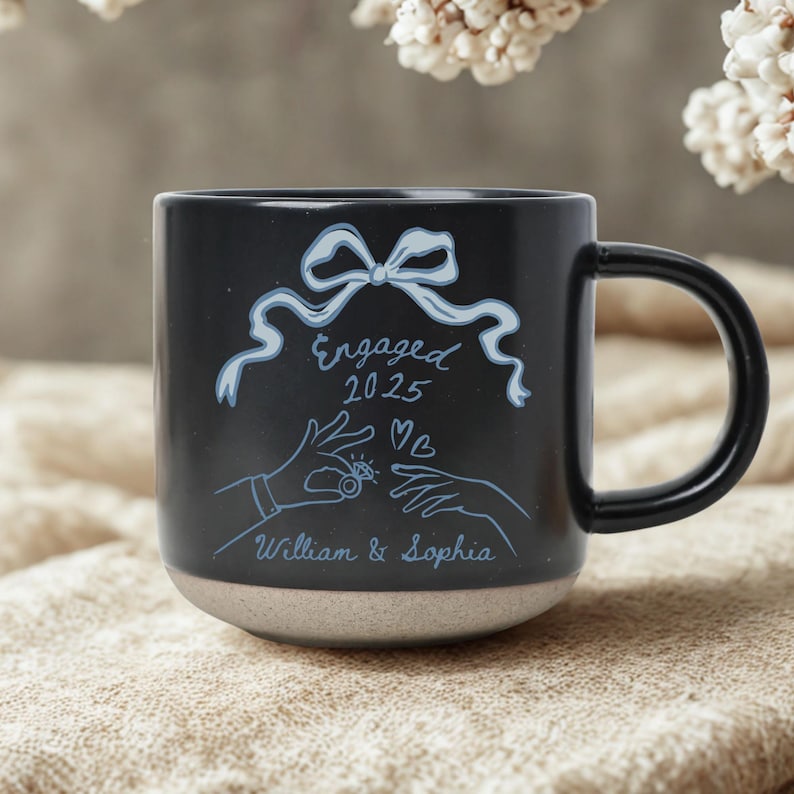Personalised Engraved Engagement Pottery Mug, Engaged Ceramic Mug, Wedding Gift for Couple,Engagement Gift For Her,Anniversary Gift for Wife