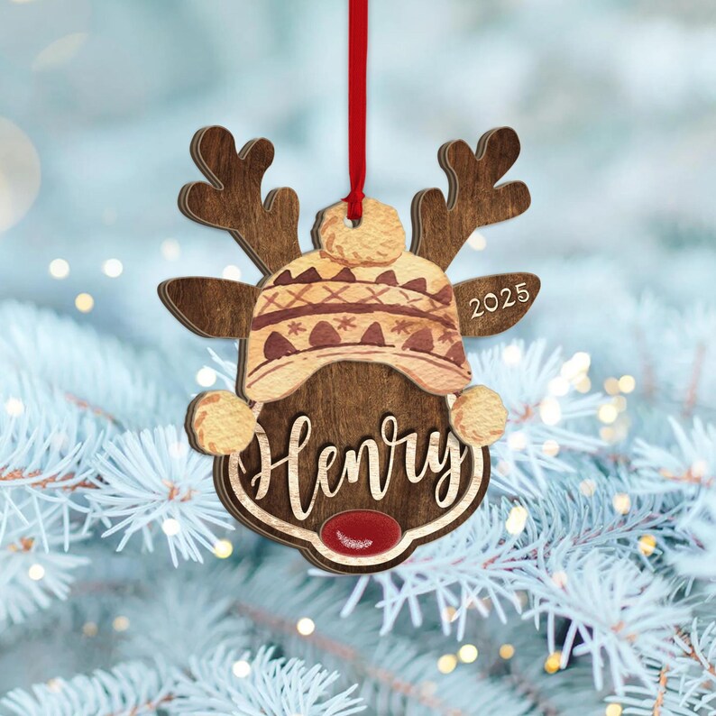 Personalized Reindeer Santa Ornament, Rudolph Ornament, Custom Name Ornament, Kids Christmas Gift, Family Ornament, Christmas Decoration