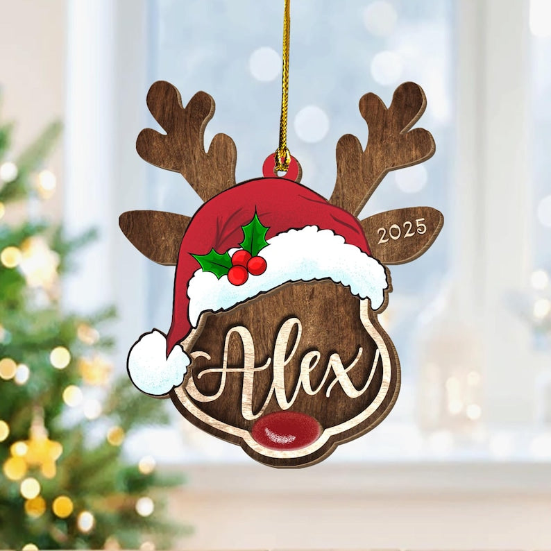 Personalized Reindeer Santa Ornament, Rudolph Ornament, Custom Name Ornament, Kids Christmas Gift, Family Ornament, Christmas Decoration