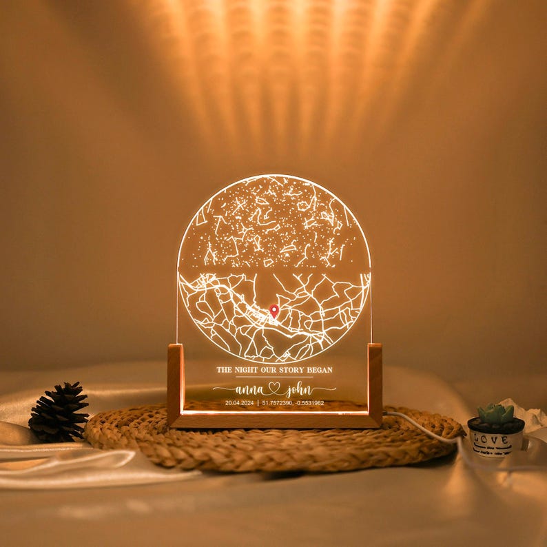 Personalized Star Map Night Light, Location Map with Name Lamp, Star and City Map Plaque, Engagement Constellation Lamp, Star Map by Date
