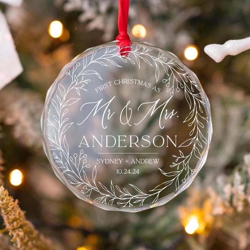 Personalized Our First Christmas As Mr And Mrs Married Ornament, Custom Beveled Crystal Glass Ornament, 2025 Newlyweds Wedding Gift