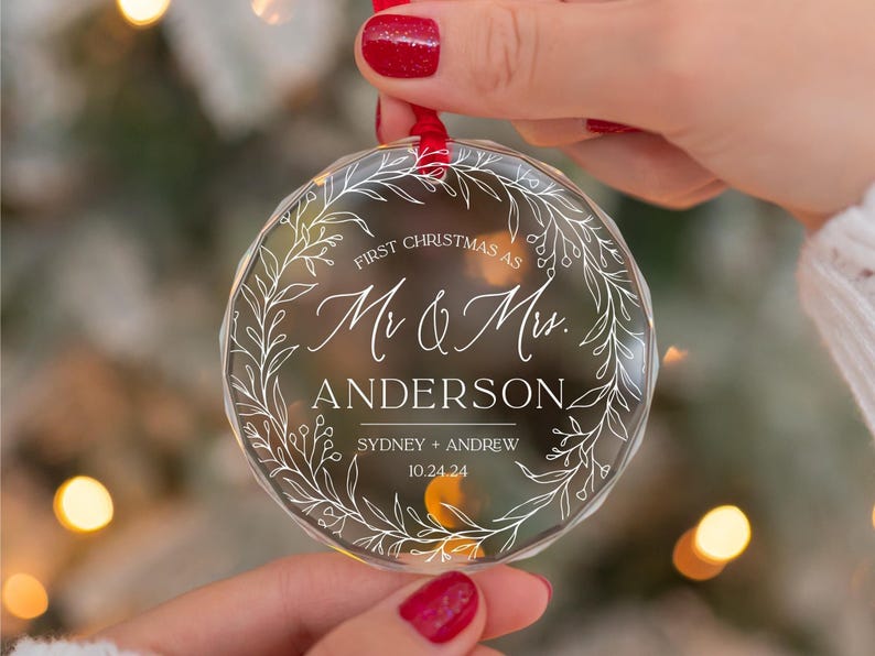 Personalized Our First Christmas As Mr And Mrs Married Ornament, Custom Beveled Crystal Glass Ornament, 2025 Newlyweds Wedding Gift