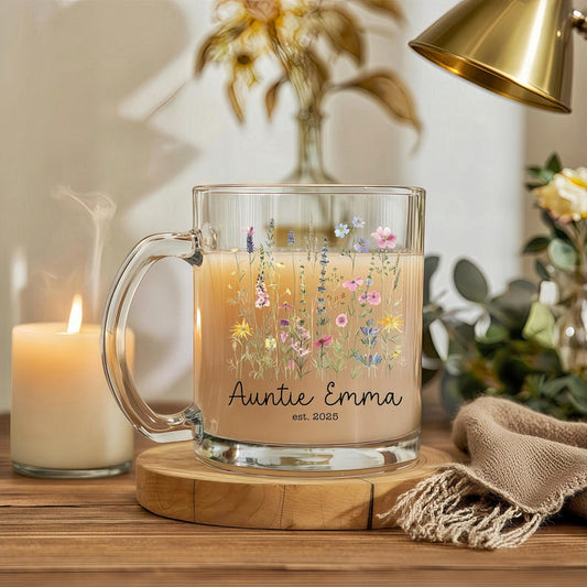 Personalized New Auntie Gift, Custom Floral Glass Coffee Mug with Name, Pregnancy Reveal Sister Gift, Baby Announcement, Gift for Bestie