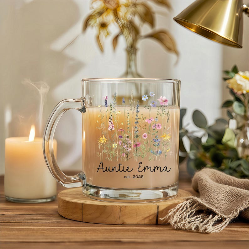 Personalized New Auntie Gift, Custom Floral Glass Coffee Mug with Name, Pregnancy Reveal Sister Gift, Baby Announcement, Gift for Bestie