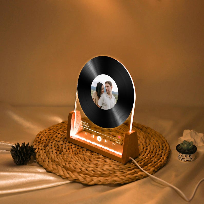 Personalized Vinyl Record with Photo Night Light, Acrylic Song Music Plaque, Birthday Gift for Her Him, Anniversary Gift for Friends Lamp