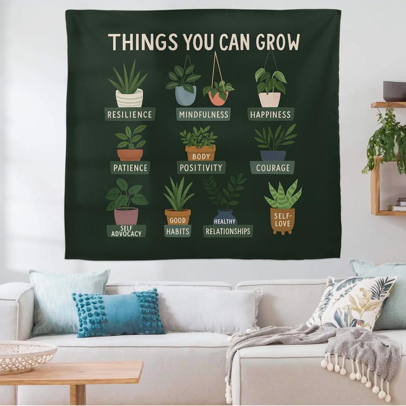 Things You Can Grow Tapestry | School Counselor Mental Health Decor | Positive Growth Mindset Wall Art | Therapy Office Plant Banner