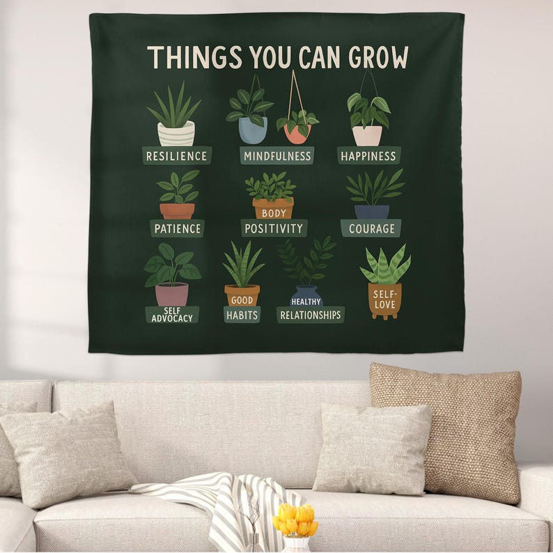 Things You Can Grow Tapestry | School Counselor Mental Health Decor | Positive Growth Mindset Wall Art | Therapy Office Plant Banner