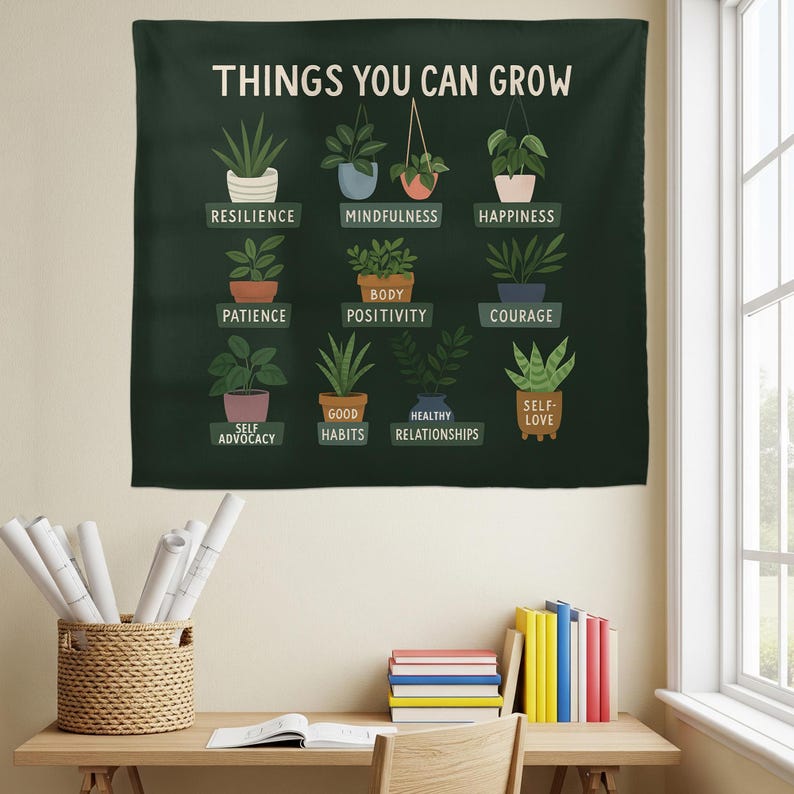 Things You Can Grow Tapestry | School Counselor Mental Health Decor | Positive Growth Mindset Wall Art | Therapy Office Plant Banner