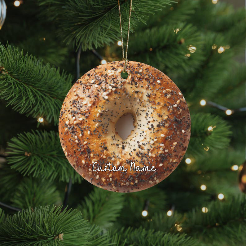 Bagel Ornament, Funny Foodie, NYC Host Gift, Christmas or Hanukkah Ornament, Stoner White Elephant Stocking Stuffer for Bagel Lover, Present
