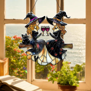 Best Friends Slay Witch Acrylic Ornament Suncatcher, Faux Stained Glass Suncatcher With Wine Glasses & Cats, Custom Halloween Witchy Decor
