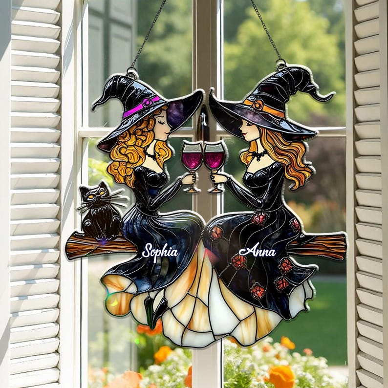Best Friends Slay Witch Acrylic Ornament Suncatcher, Faux Stained Glass Suncatcher With Wine Glasses & Cats, Custom Halloween Witchy Decor