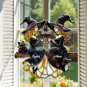 Best Friends Slay Witch Acrylic Ornament Suncatcher, Faux Stained Glass Suncatcher With Wine Glasses & Cats, Custom Halloween Witchy Decor