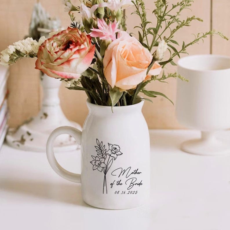 Personalized Wedding Gift For Mother Of The Bride & Groom,Mother's Day Gift For Mom,Birth Month Flower Vase,Mother of the Bride Ceramic Vase