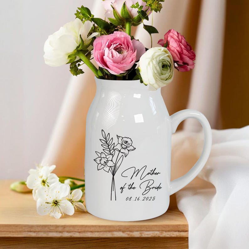 Personalized Wedding Gift For Mother Of The Bride & Groom,Mother's Day Gift For Mom,Birth Month Flower Vase,Mother of the Bride Ceramic Vase