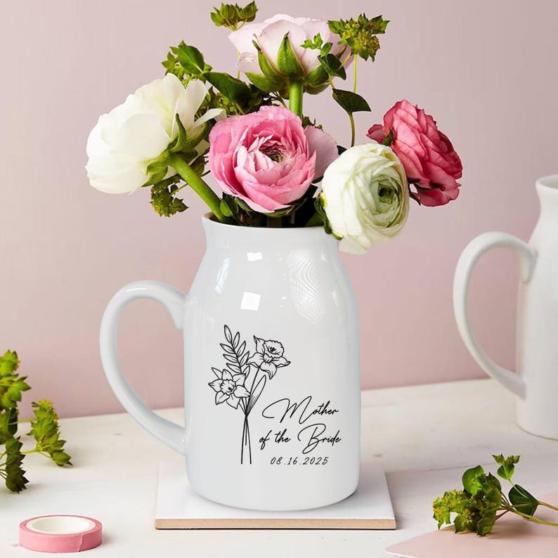 Personalized Wedding Gift For Mother Of The Bride & Groom,Mother's Day Gift For Mom,Birth Month Flower Vase,Mother of the Bride Ceramic Vase