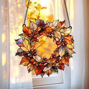 Fall Leaves Wreath Acrylic Window Hanging, Autumn Harvest Faux Stained Glass Suncatcher, Maple Leaf Door Decor Thanksgiving Gift Idea