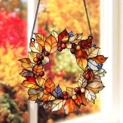 Fall Leaves Wreath Acrylic Window Hanging, Autumn Harvest Faux Acrylic Suncatcher, Maple Leaf Door Decor Thanksgiving Gift Idea