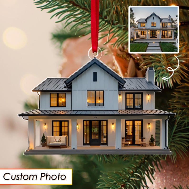 Personalized Home Photo Ornament, Custom New Home Christmas Ornament, House Ornament, Family Name Ornament, Housewarming Gift, Realtor Gift