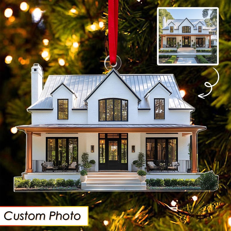 Personalized Home Photo Ornament, Custom New Home Christmas Ornament, House Ornament, Family Name Ornament, Housewarming Gift, Realtor Gift