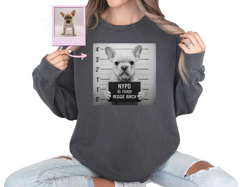 Custom Pet Mugshot T-Shirt or Sweatshirt, Personalized Dog/Cat Portrait