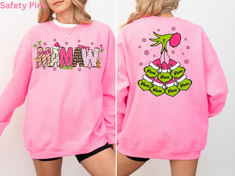 Custom Grinch Sweatshirt, Mommy Christmas Hoodie, Grinch 2 Sides Tee, Xmas Grandma Tee, Mama Grinch Tee, Kids Names Sweatshirt, Xmas Gift