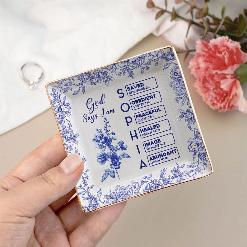 You Are Scripture Square Tray Personalized Christian Jewelry Dish, Blue Toile De Jouy Bible Verse Gift for Women, Encouragement Tray
