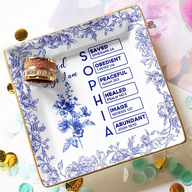 You Are Scripture Square Tray Personalized Christian Jewelry Dish, Blue Toile De Jouy Bible Verse Gift for Women, Encouragement Tray