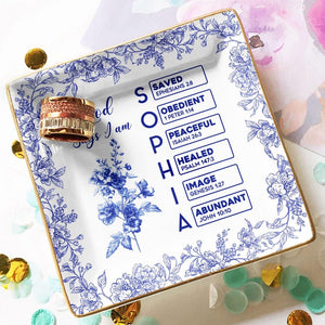 You Are Scripture Square Tray Personalized Christian Jewelry Dish, Blue Toile De Jouy Bible Verse Gift for Women, Encouragement Tray