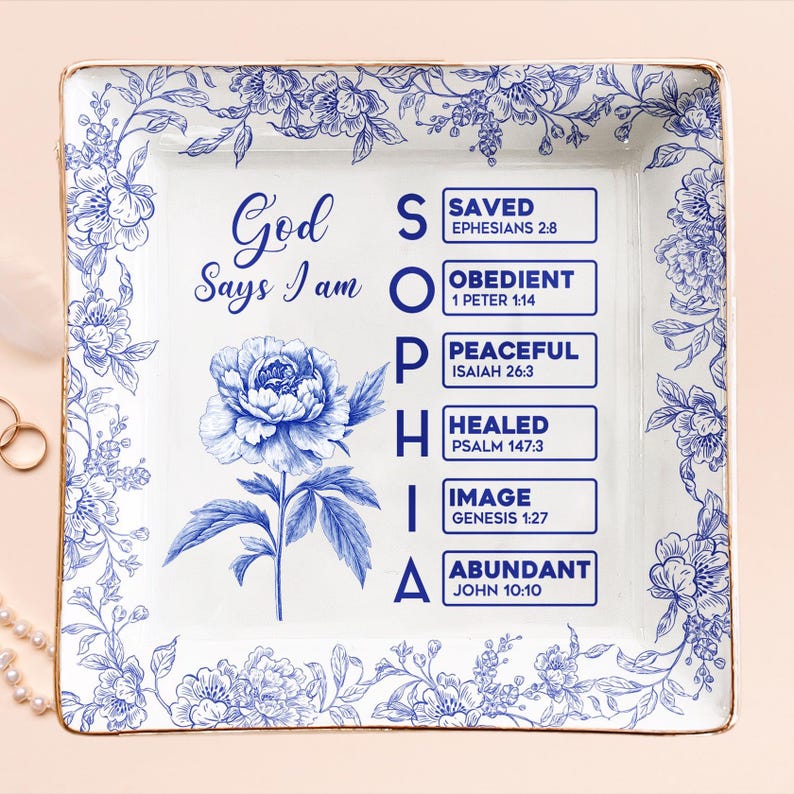 You Are Scripture Square Tray Personalized Christian Jewelry Dish, Blue Toile De Jouy Bible Verse Gift for Women, Encouragement Tray