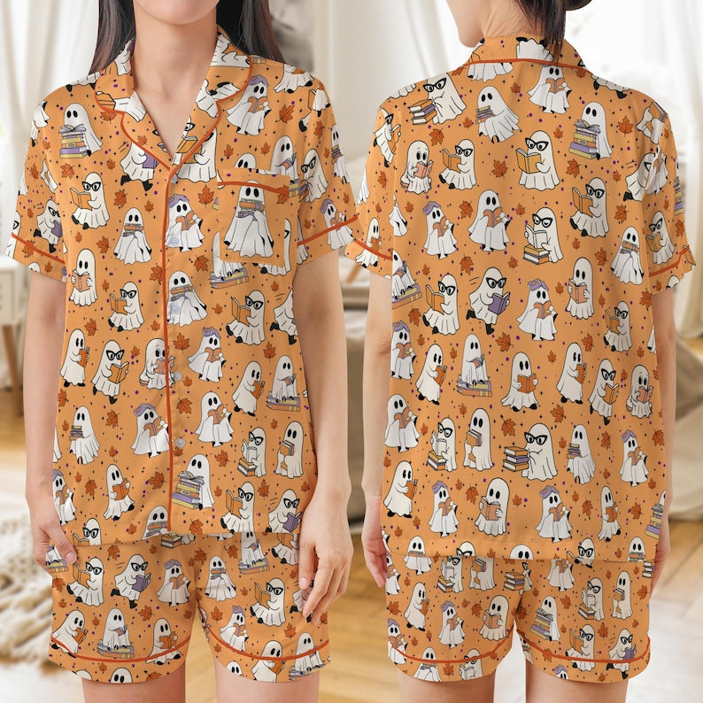 Bookish Ghost Halloween Pajamas, Reading Ghost Satin Pajama Set, Cute Halloween Sleepwear, Book Lover Spooky Loungewear Gift For Women