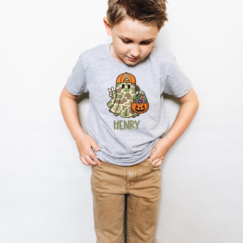 Personalized Camo Ghost Halloween Shirt - Kids Boys Gift