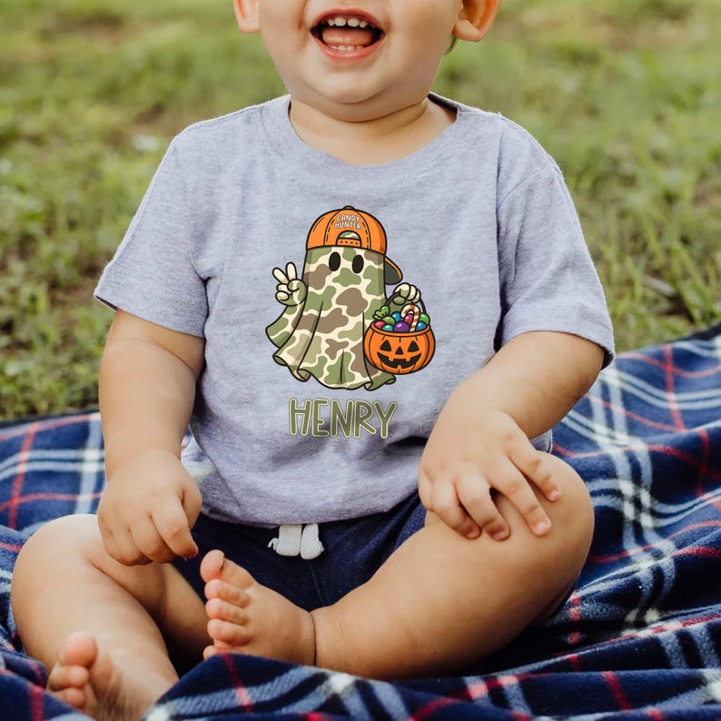 Personalized Camo Ghost Halloween Shirt - Kids Boys Gift