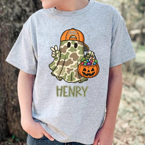 Personalized Camo Ghost Halloween Shirt - Kids Boys Gift