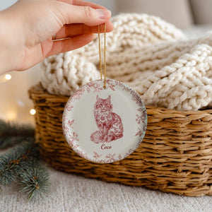 Personalized Cat Ceramic Ornament Custom Pet Portrait Toile De Jouy Style with Name, Elegant Christmas Tree Decor for Cat Lovers