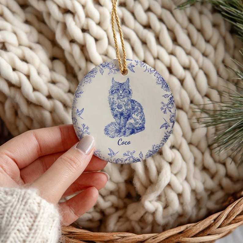 Personalized Cat Ceramic Ornament Custom Pet Portrait Toile De Jouy Style with Name, Elegant Christmas Tree Decor for Cat Lovers