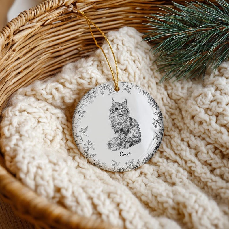 Personalized Cat Ceramic Ornament Custom Pet Portrait Toile De Jouy Style with Name, Elegant Christmas Tree Decor for Cat Lovers