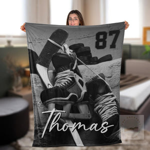 Personalized Hockey Sherpa Fleece Blanket: Custom Name & Number Throw