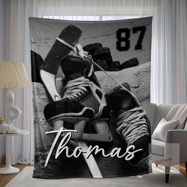 Personalized Hockey Sherpa Fleece Blanket: Custom Name & Number Throw