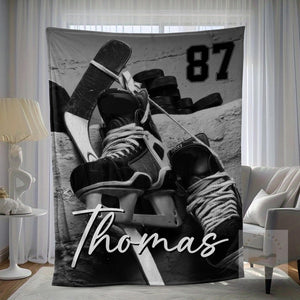 Personalized Hockey Sherpa Fleece Blanket: Custom Name & Number Throw