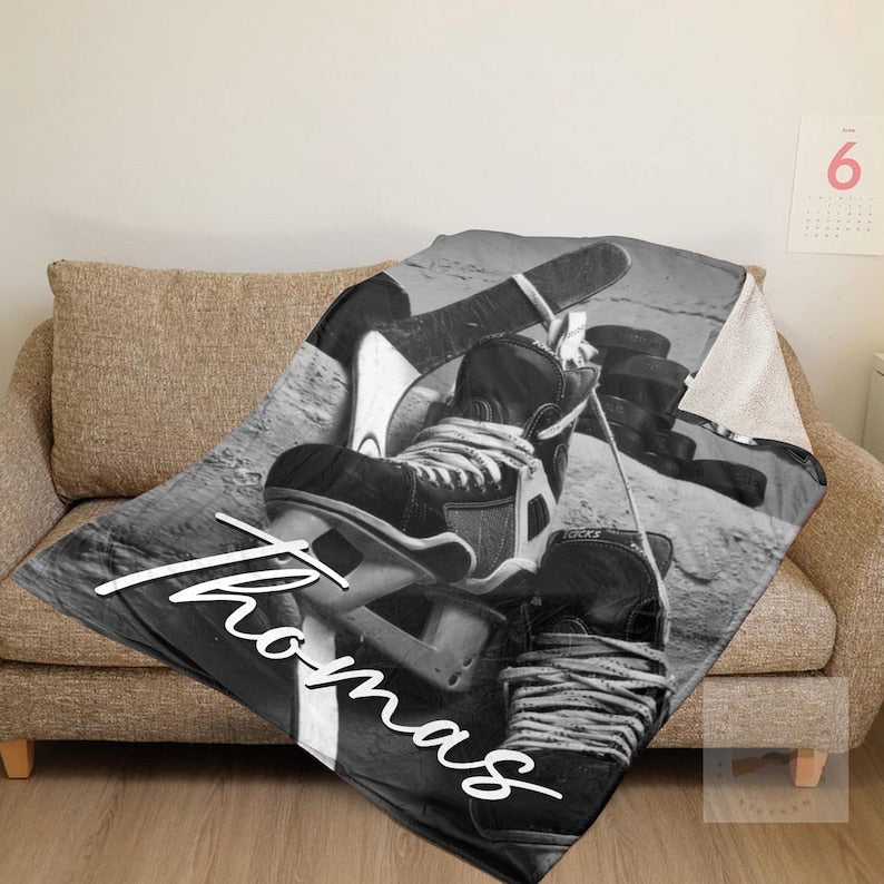 Personalized Hockey Sherpa Fleece Blanket: Custom Name & Number Throw