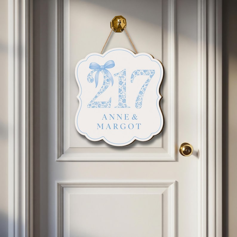 Custom Chinoiserie Dorm Door Sign | Blue Floral Room Number Plaque | Personalized Name Door Hanger | Elegant College Dorm Decor