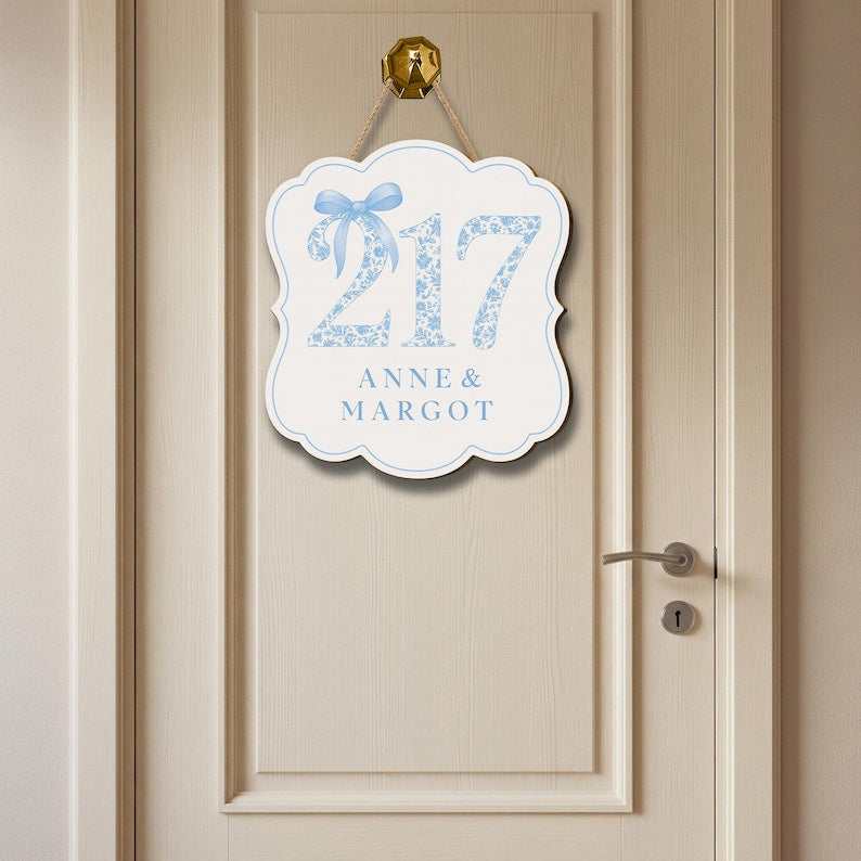 Custom Chinoiserie Dorm Door Sign | Blue Floral Room Number Plaque | Personalized Name Door Hanger | Elegant College Dorm Decor