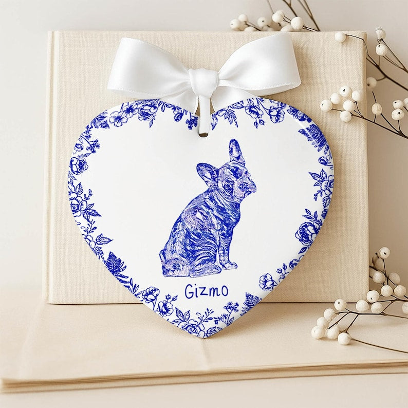 Personalized Dog Cat Ceramic Ornament, Chinoiserie Toile De Jouy Pet Ornament, Pet Loss Keepsake,Memorial Christmas Gift,Gift For Pet Lovers