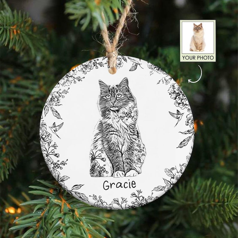 Personalized Dog Cat Ceramic Ornament, Chinoiserie Toile De Jouy Pet Ornament, Pet Loss Keepsake,Memorial Christmas Gift,Gift For Pet Lovers