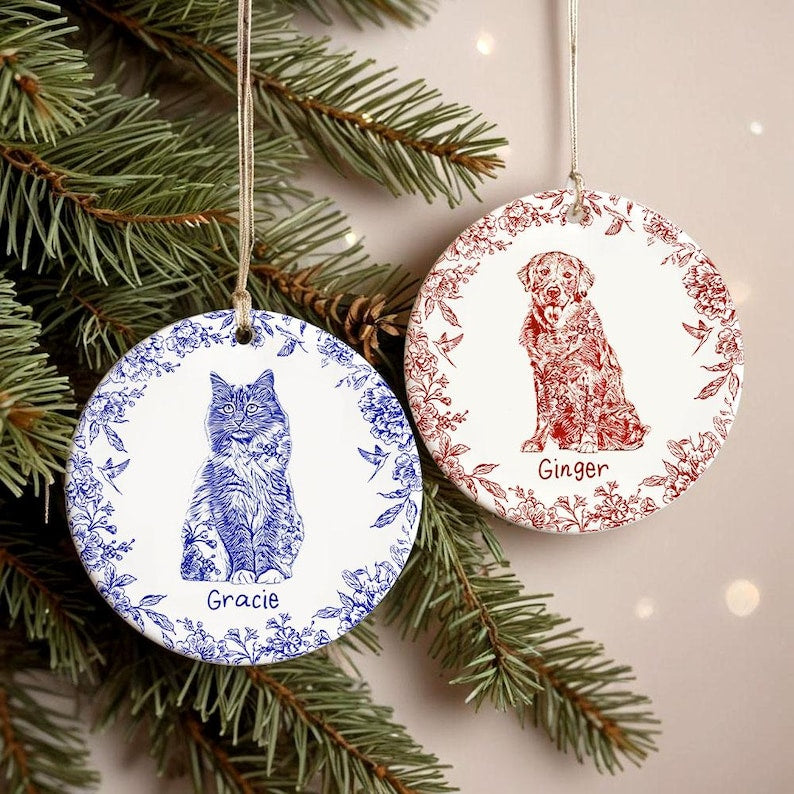Personalized Dog Cat Ceramic Ornament, Chinoiserie Toile De Jouy Pet Ornament, Pet Loss Keepsake,Memorial Christmas Gift,Gift For Pet Lovers
