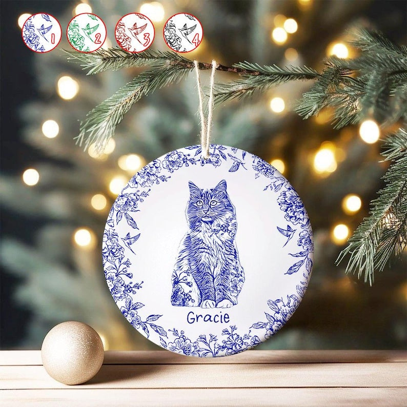 Personalized Dog Cat Ceramic Ornament, Chinoiserie Toile De Jouy Pet Ornament, Pet Loss Keepsake,Memorial Christmas Gift,Gift For Pet Lovers