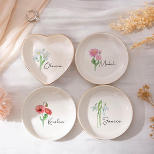 Personalised Birth Flower Trinket Dish, Watercolor Flower Ring Dish, Birthday Jewelry Dish Gift for Friend, Wedding Bridesmaid Gift, Engaged