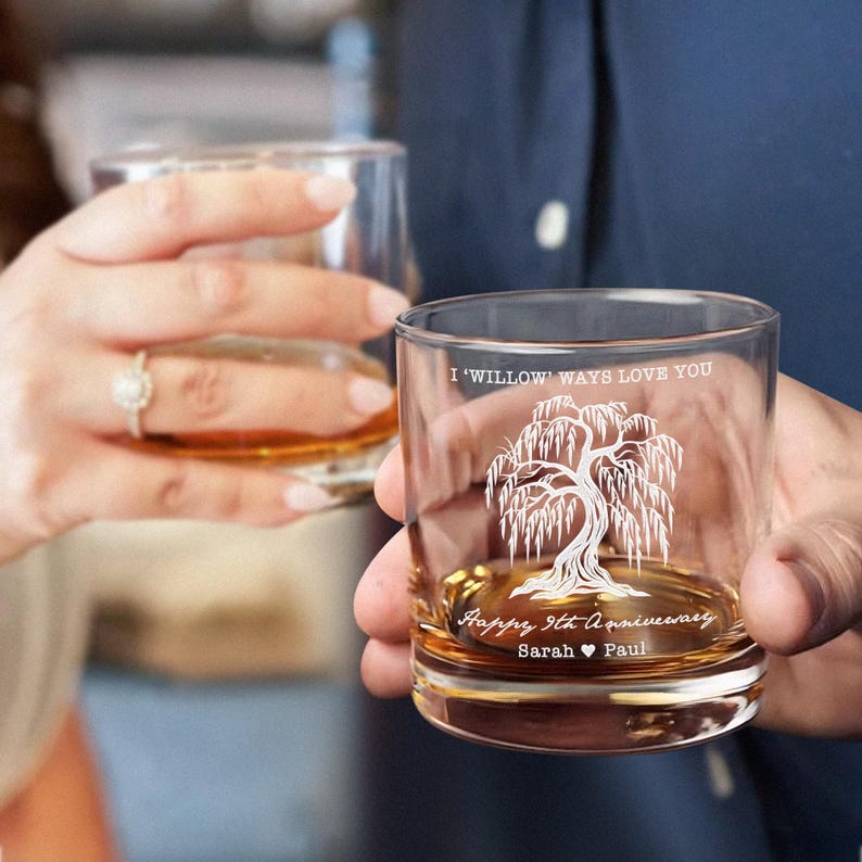 Custom 9th Anniversary Whiskey Glass, Custom 9 Year Anniversary Willow Tree Gifts for Husband, Ninth Anniversary Wedding Gift for Couples