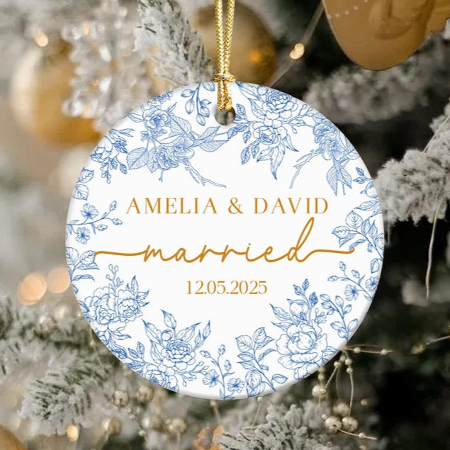 Personalized Wedding Ornament: Blue Toile Newlywed Keepsake